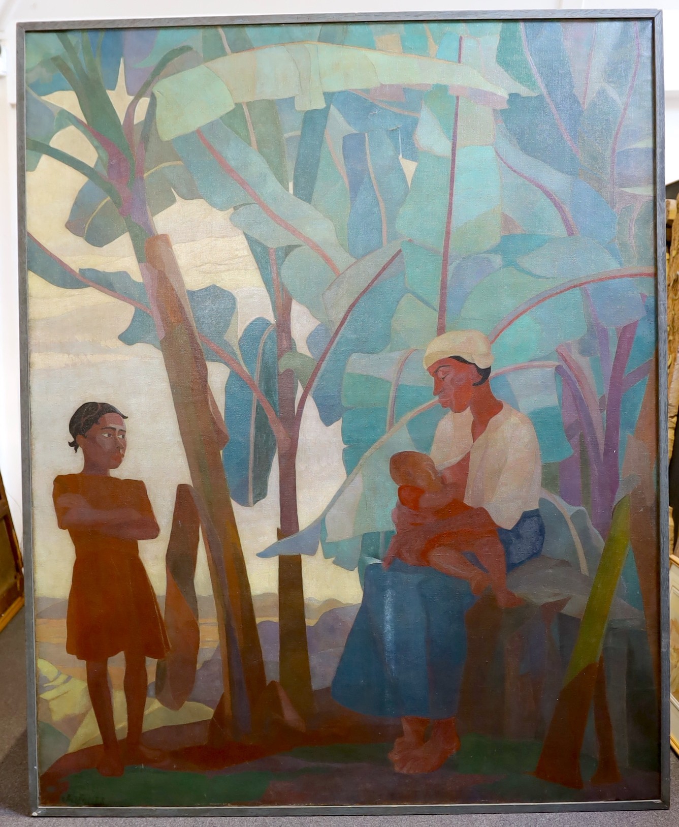 Jo Jones (British, 1894-1989), Mother and children beneath banana plants, oil on canvas, 181 x 146cm